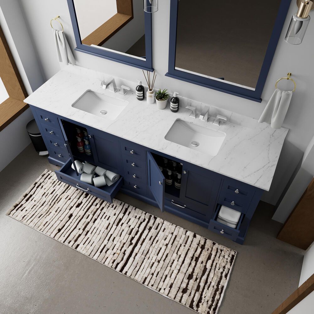 Lexora Home Dukes 84&quot; Double Bathroom Vanity in Navy Blue with 2 cm White Carrara Marble Top and Rectangular Sinks, , large
