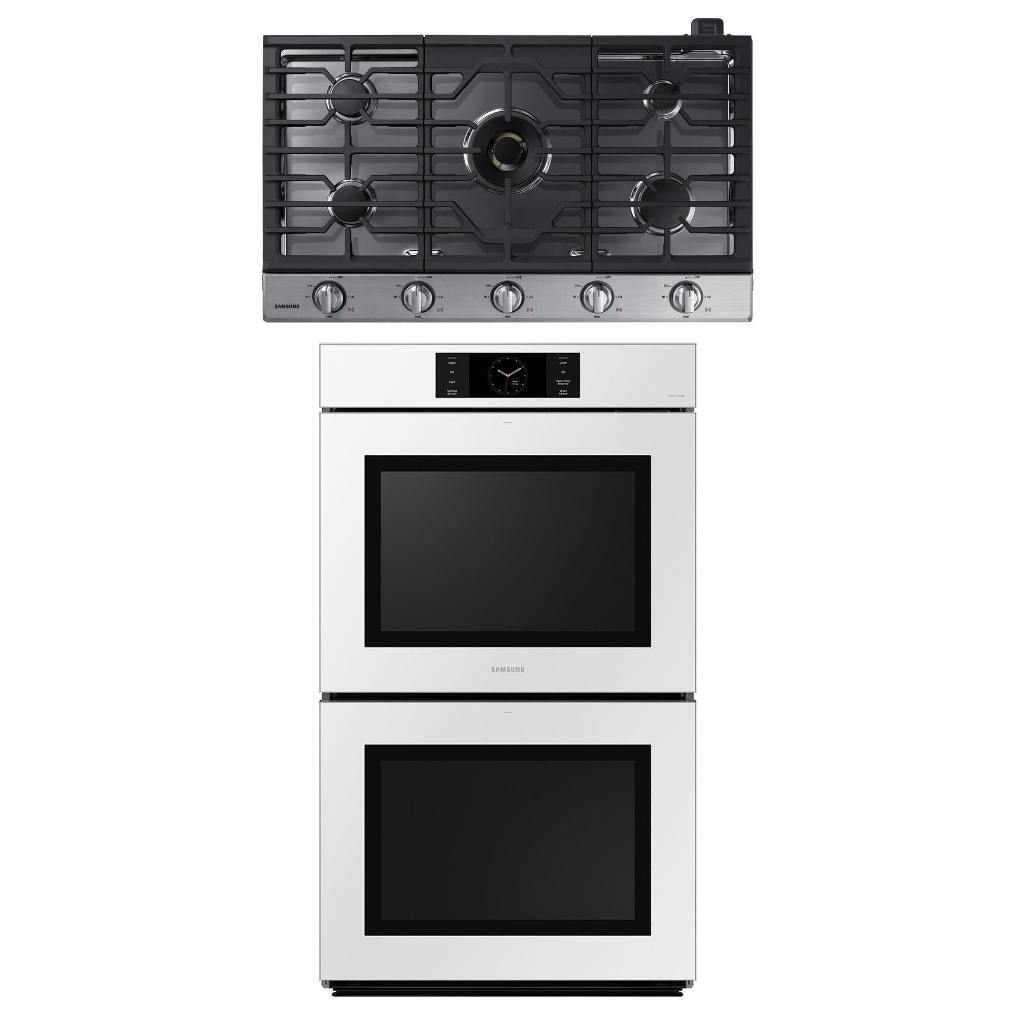 Samsung Appliance 2 Piece Kitchen Package with White 30 Double Wall Oven and Stainless Steel 36 Smart Gas Cooktop