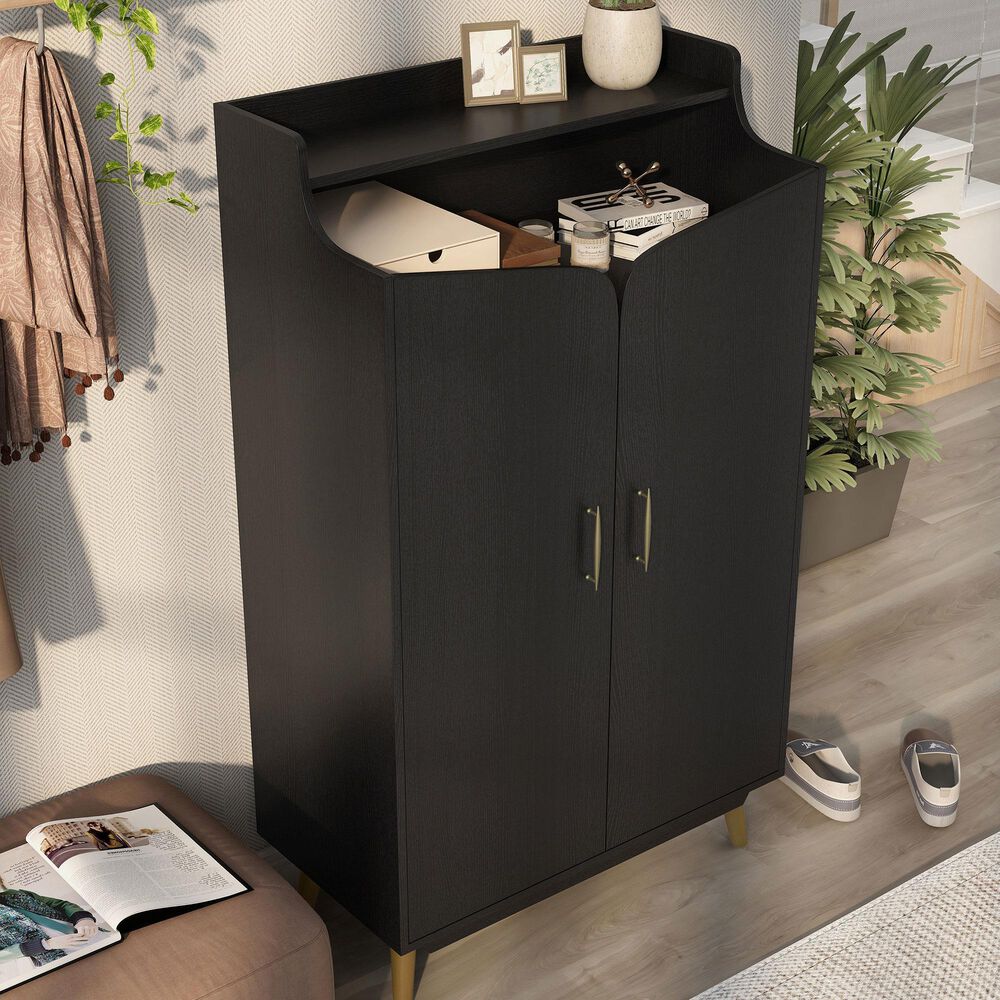 Furniture of America Leclair 7-Shelf Shoe Cabinet in Black and Gold, , large