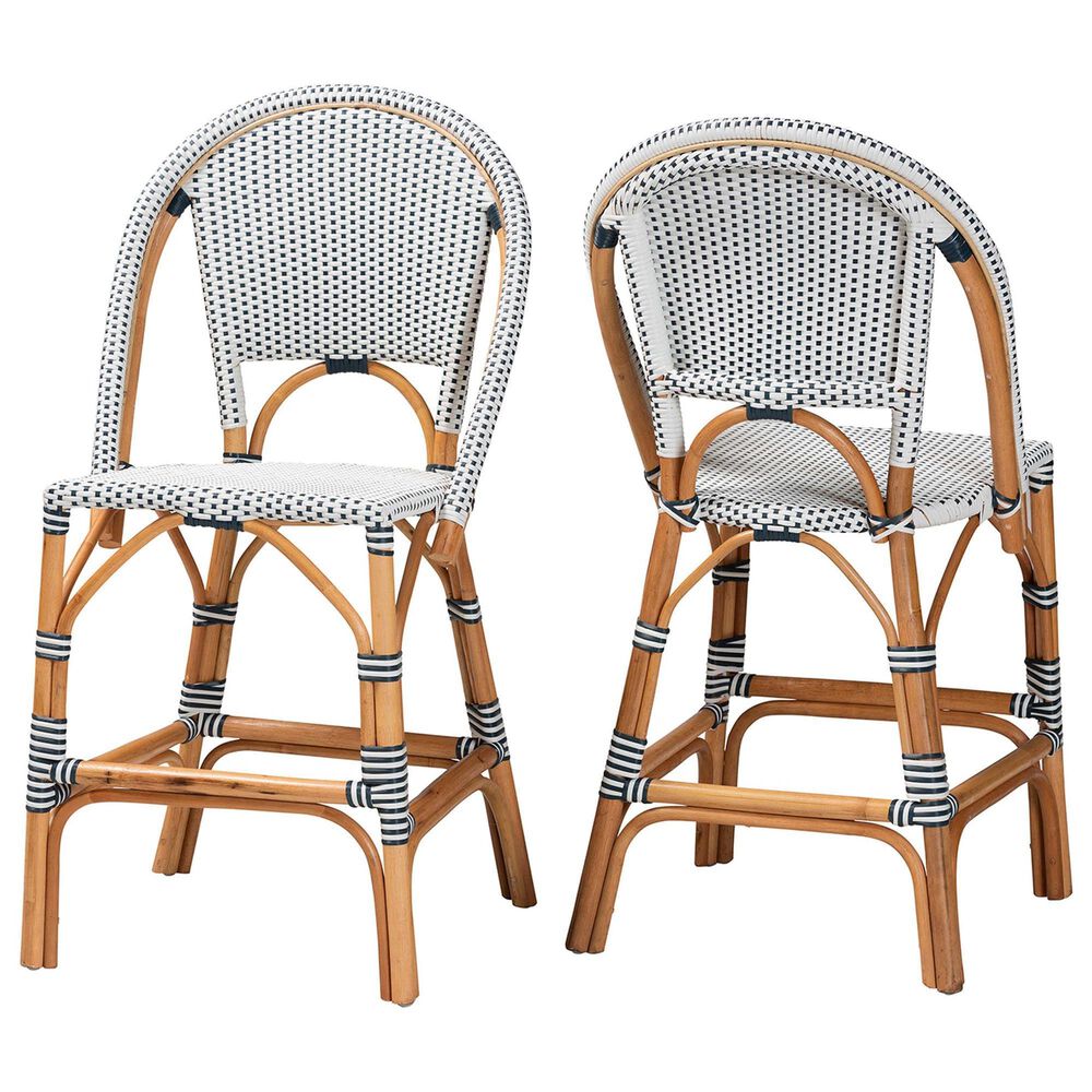 Baxton Studio Genica Counter Stool with Two-Tone Navy and White Weaving in Natural Rattan (Set of 2), , large