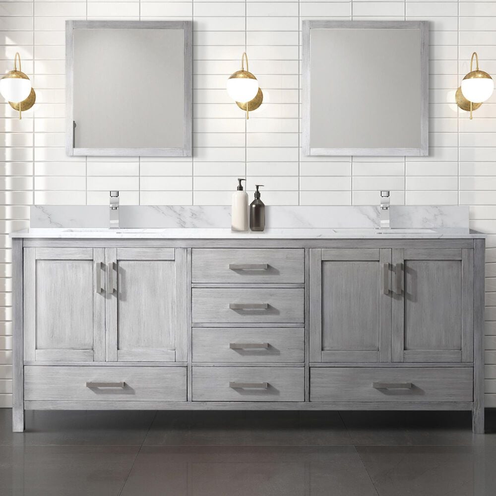 Lexora Home Jacques 80&quot; Double Bathroom Vanity in Distressed Grey with 2 cm White Carrara Marble Top and Rectangular Sinks, , large