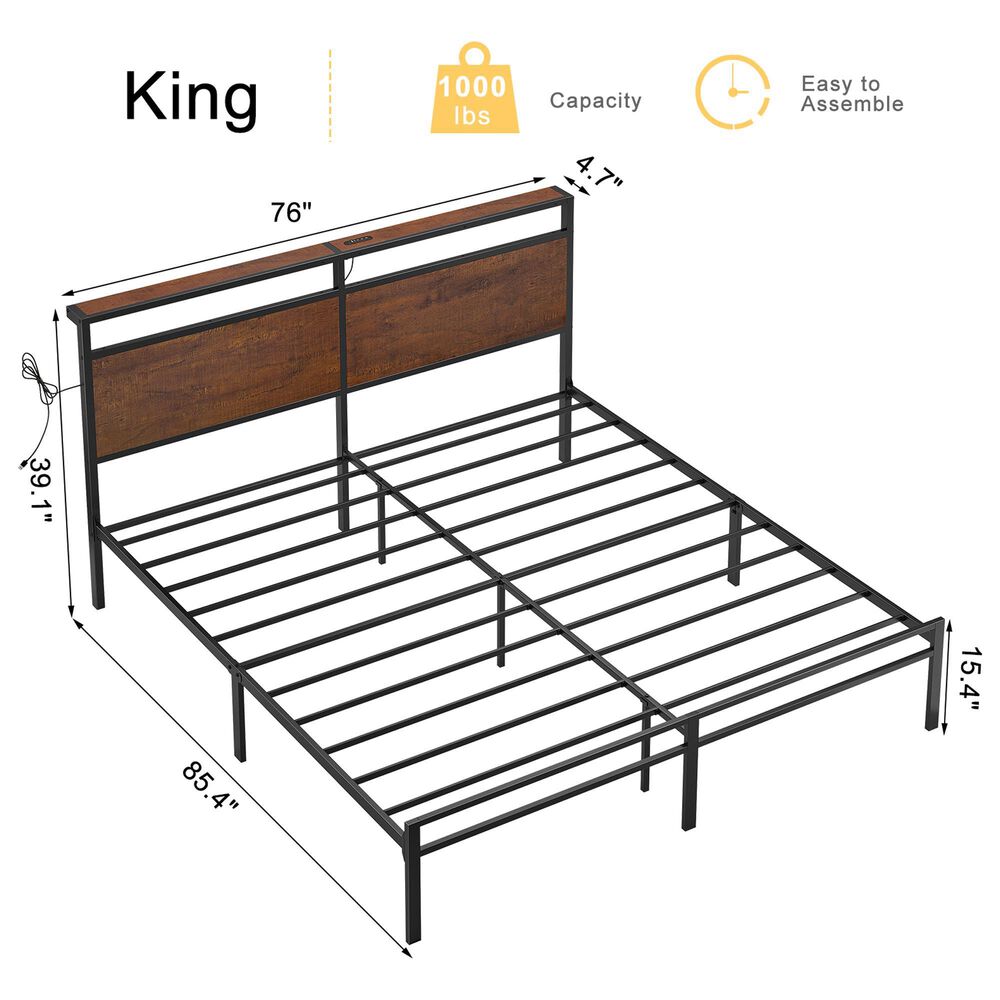 HOMLUX Industrial King Platform Bed with LED Headboard and Charging Station in Rustic Brown, , large
