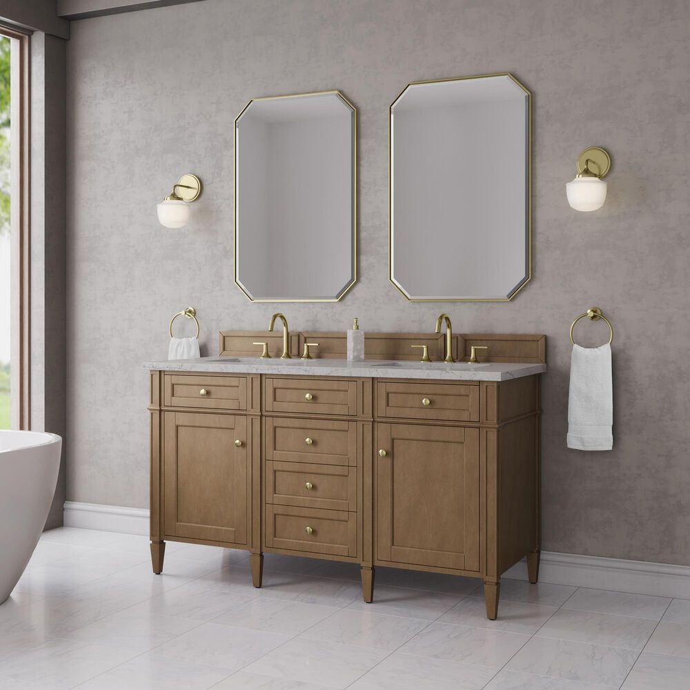 James Martin Brittany 60" Double Bathroom Vanity in Pecan with 3 cm Eternal Jasmine Pearl Silestone Top, Rectangular Sinks and FreePower Wireless Charger, , large