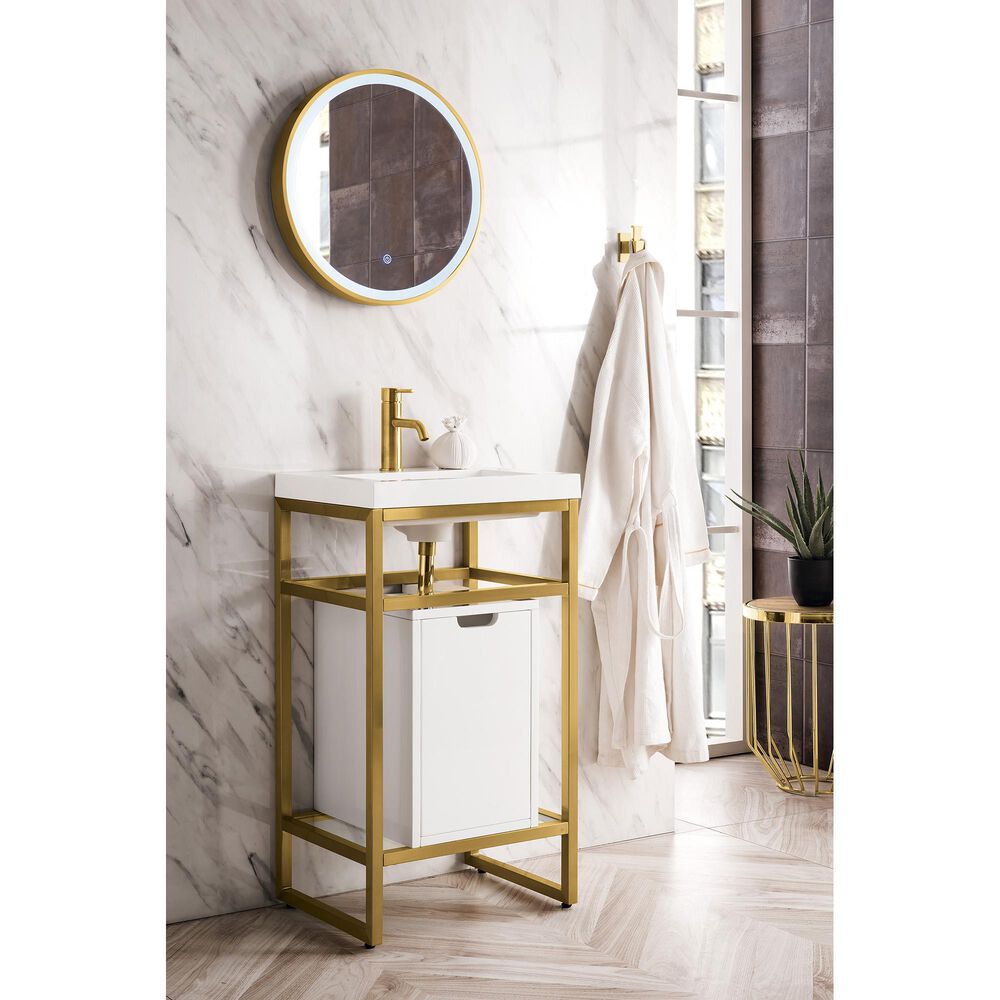 James Martin Vanities Boston 20&quot; Single White Door Bathroom Vanity in Radiant Gold with 3 cm White Glossy Resin Countertop and Rectangular Sink, , large