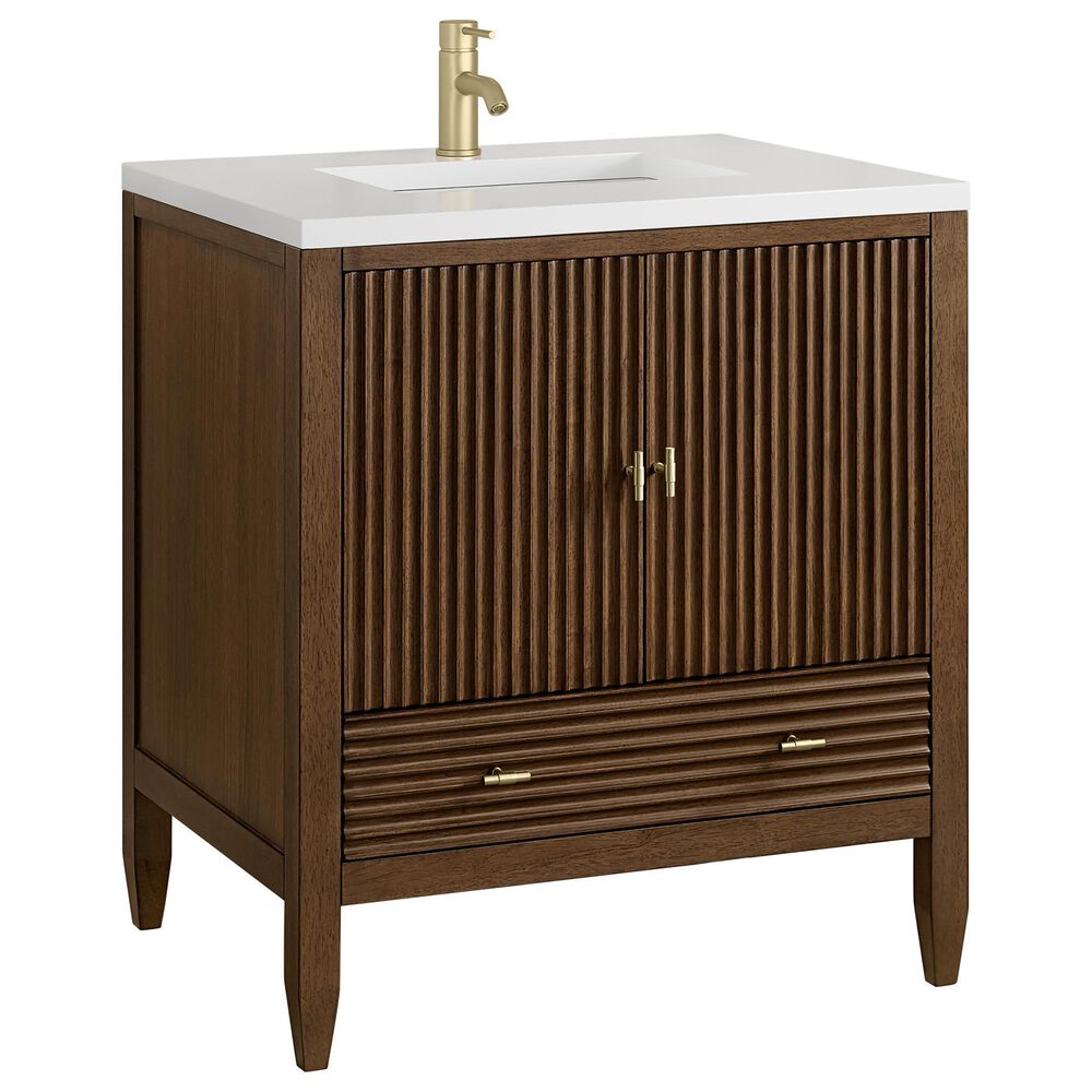 James Martin Myrrin 30" Single Bathroom Vanity in Mid-Century Walnut with Single Hole 3 cm White Zeus Silestone Top and Rectangular Sink, , large