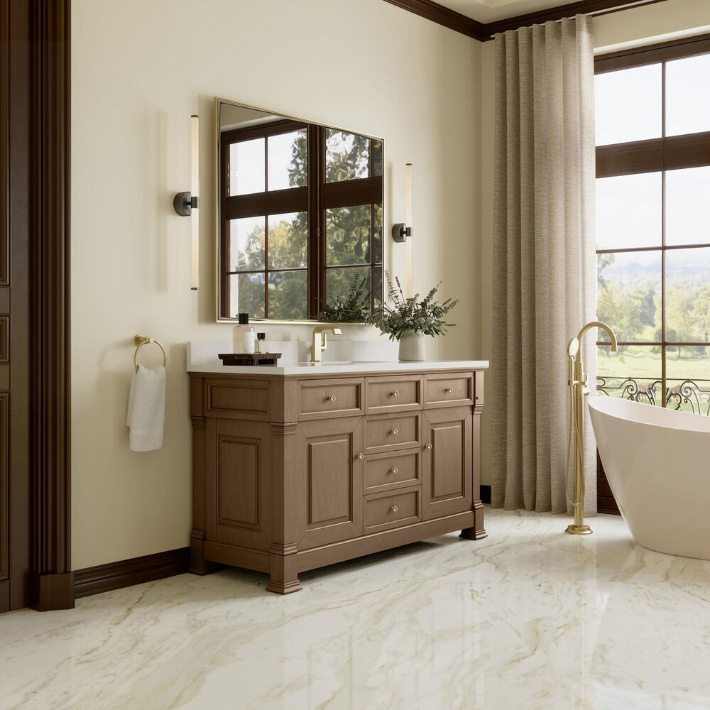 James Martin Vanities Brookfield 60&quot; Single Bathroom Vanity in Pecan with Single Hole 3 cm White Zeus Quartz Top and Rectangular Sink, , large
