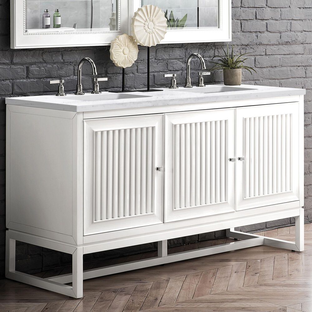 James Martin Vanities Athens 60&quot; Double Bathroom Vanity in Glossy White with 3 cm Arctic Fall Solid Surface Top and Rectangular Sinks, , large