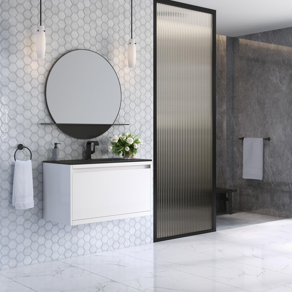 James Martin Mantova 35.4&quot; Single Bathroom Vanity in Glossy White and Matte Black with 2 cm Charcoal Black Resin Countertop and Rectangular Sink, , large