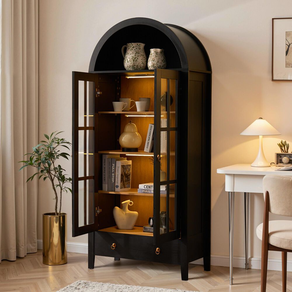 HOMLUX Arched Storage Cabinet with LED Induction Lights in Black, , large