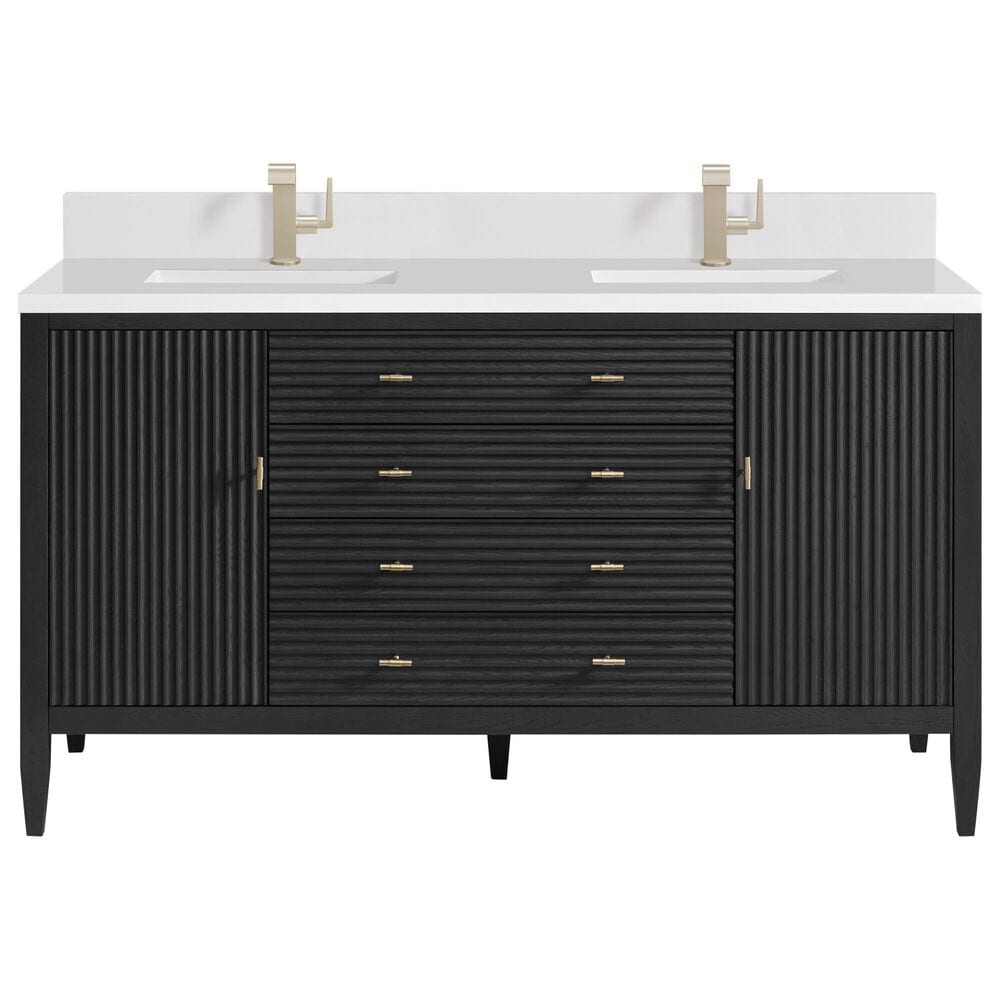 James Martin Vanities Myrrin 60" Double Vanity in Carbon Oak with Single Hole and 3 cm White Zeus Quartz Top & Backsplash, , large