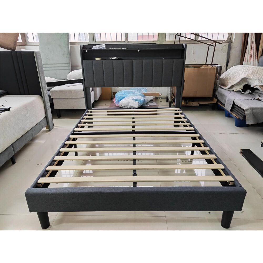 Homlux Full Storage Platform Bed with LED Headboard with Charging Station in Gray, , large