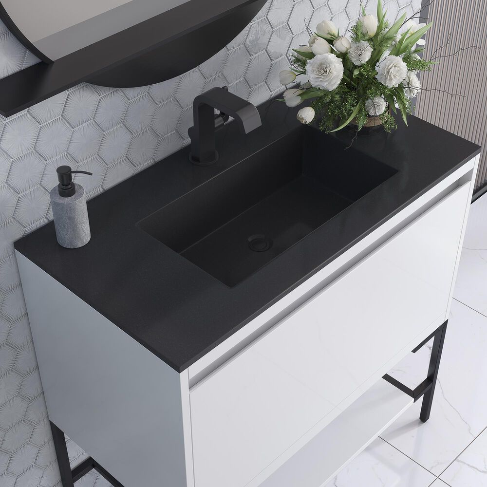 James Martin Mantova 35.4&quot; Single Bathroom Vanity in Glossy White and Matte Black with 2 cm Charcoal Black Resin Countertop and Rectangular Sink, , large