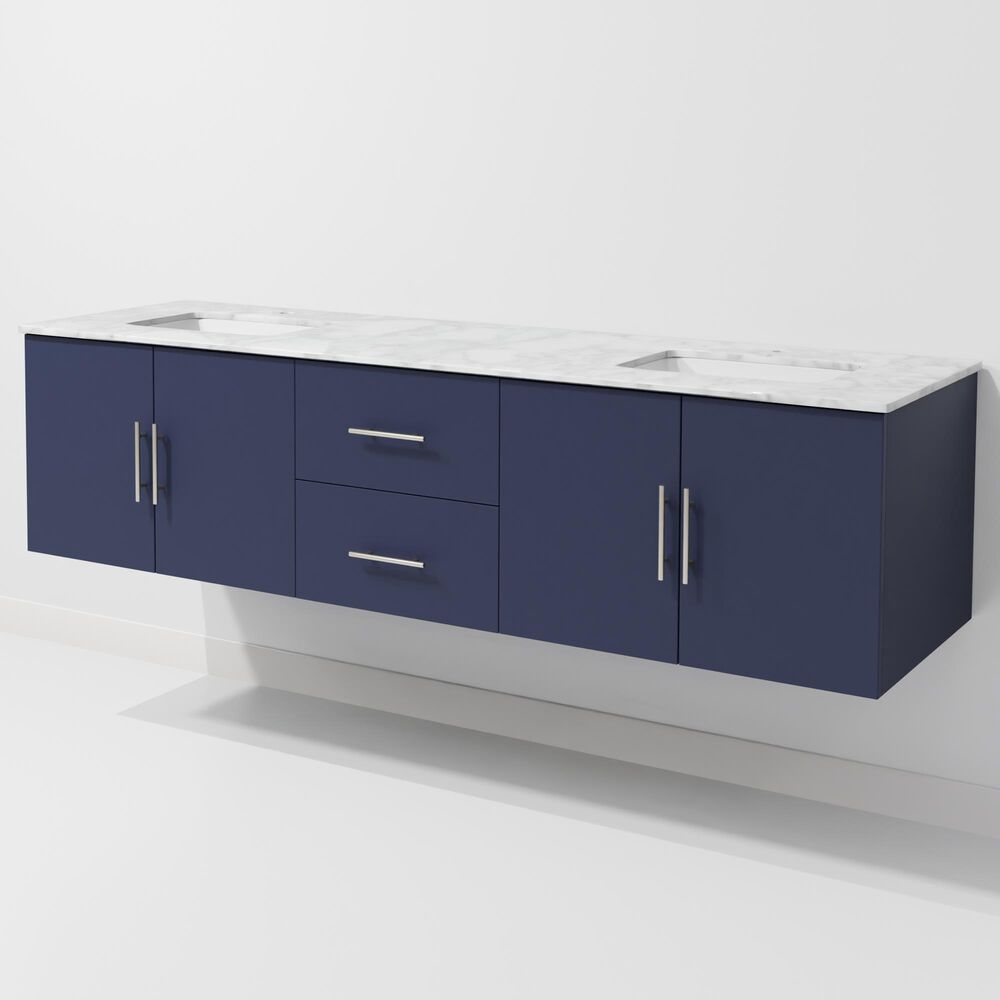 Lexora Home Geneva 72" Double Bathroom Vanity in Navy Blue with 2 cm White Carrara Marble Top and Rectangular Sinks, , large
