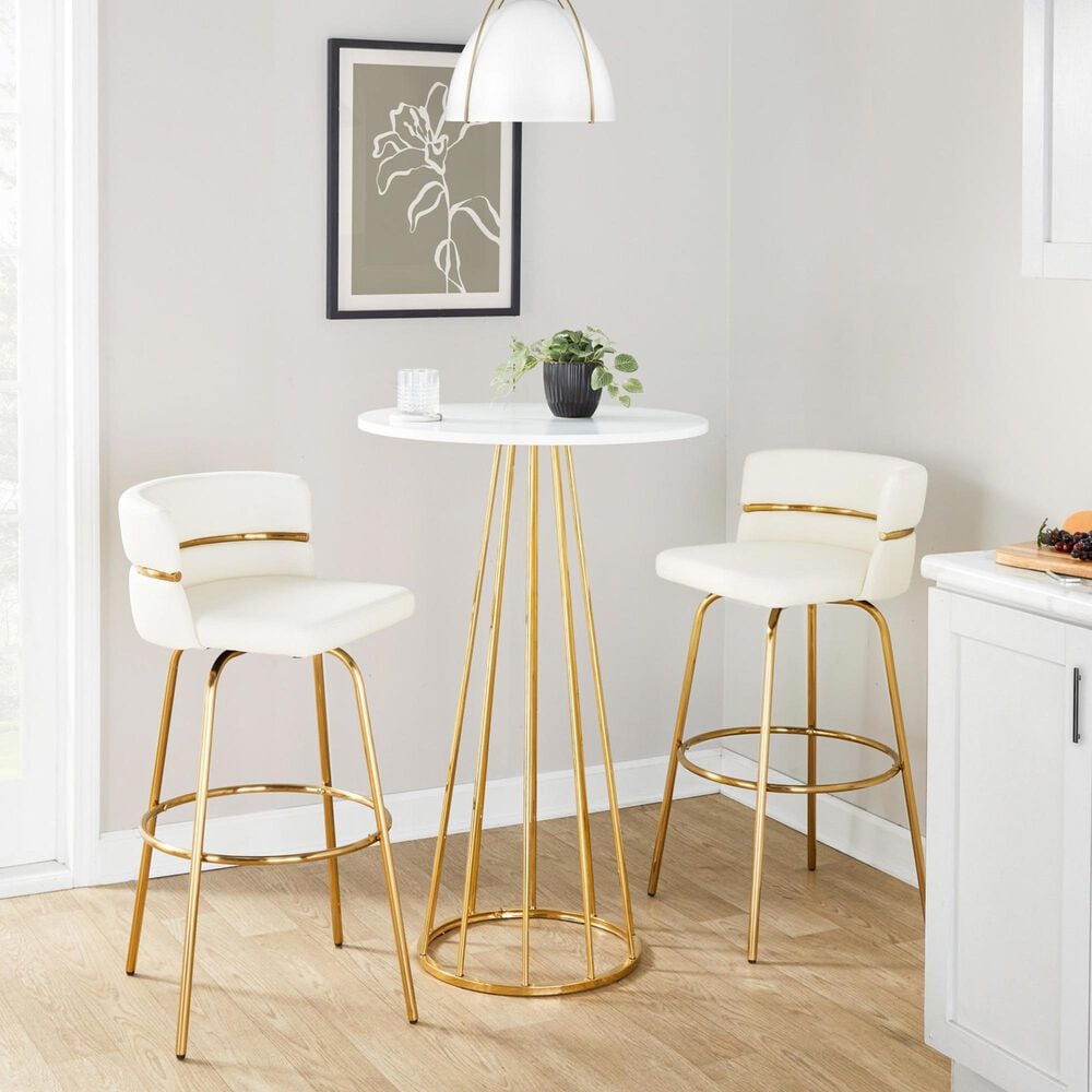 LumiSource Cinch 30" Swivel Barstool with White Upholstery in Gold (Set of 2), , large
