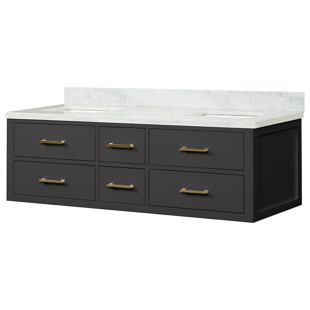 Lexora Home Castor 60" Double Bathroom Vanity in Black with 2 cm White Carrara Marble Top and Rectangular Sinks, , large