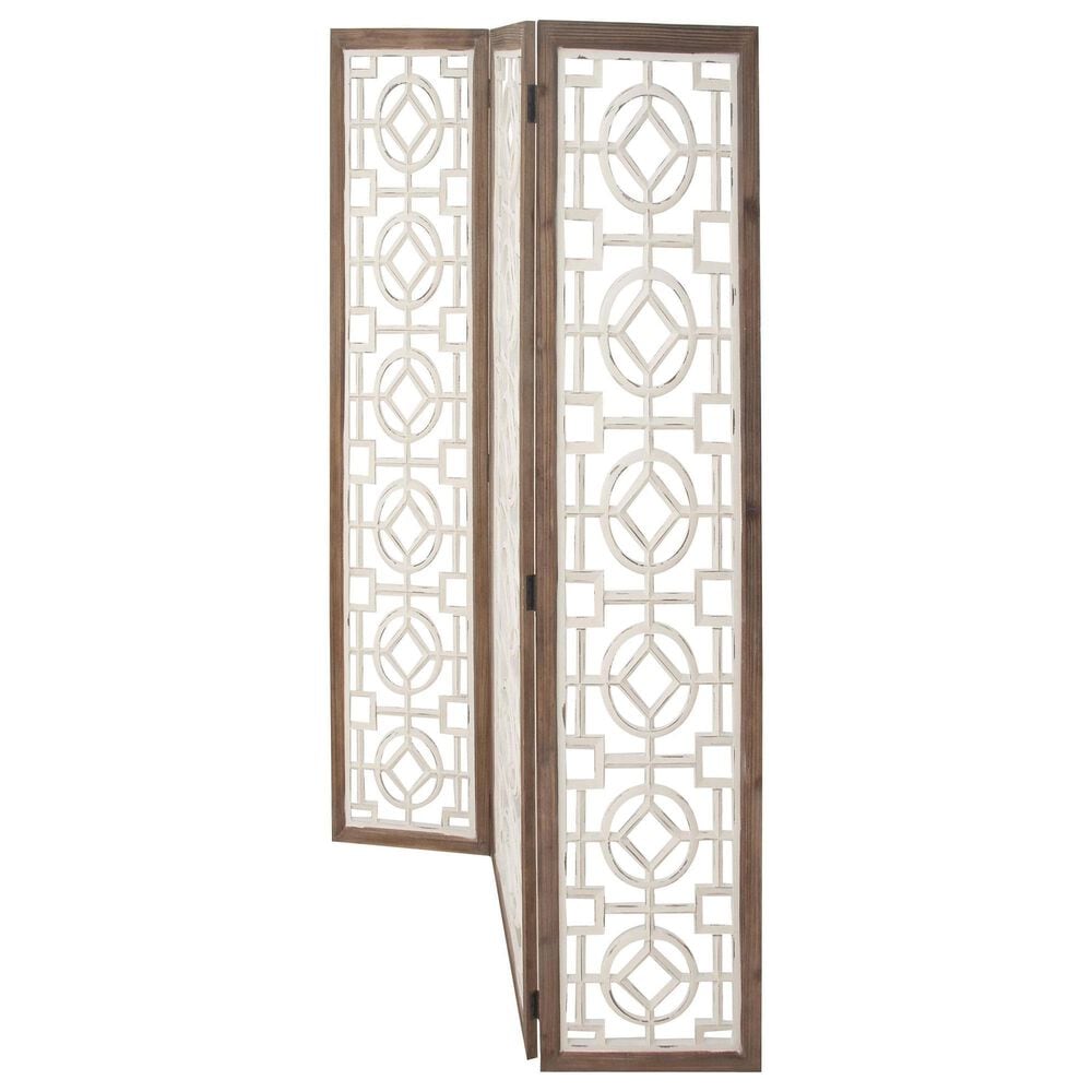 Maple and Jade 3-Panel Partition Room Divider Screen with Carved Designs in Matte White and Brown, , large