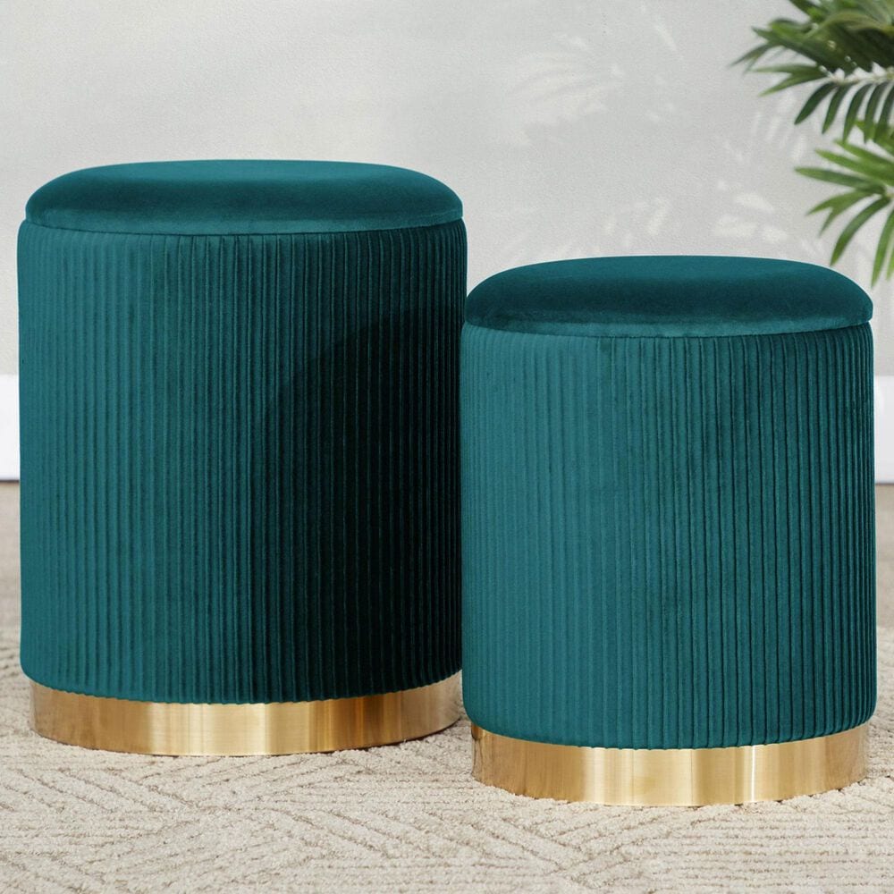 Lumisource Marla 2-Piece Nesting Pleated Ottoman Set Peacock Teal, , large