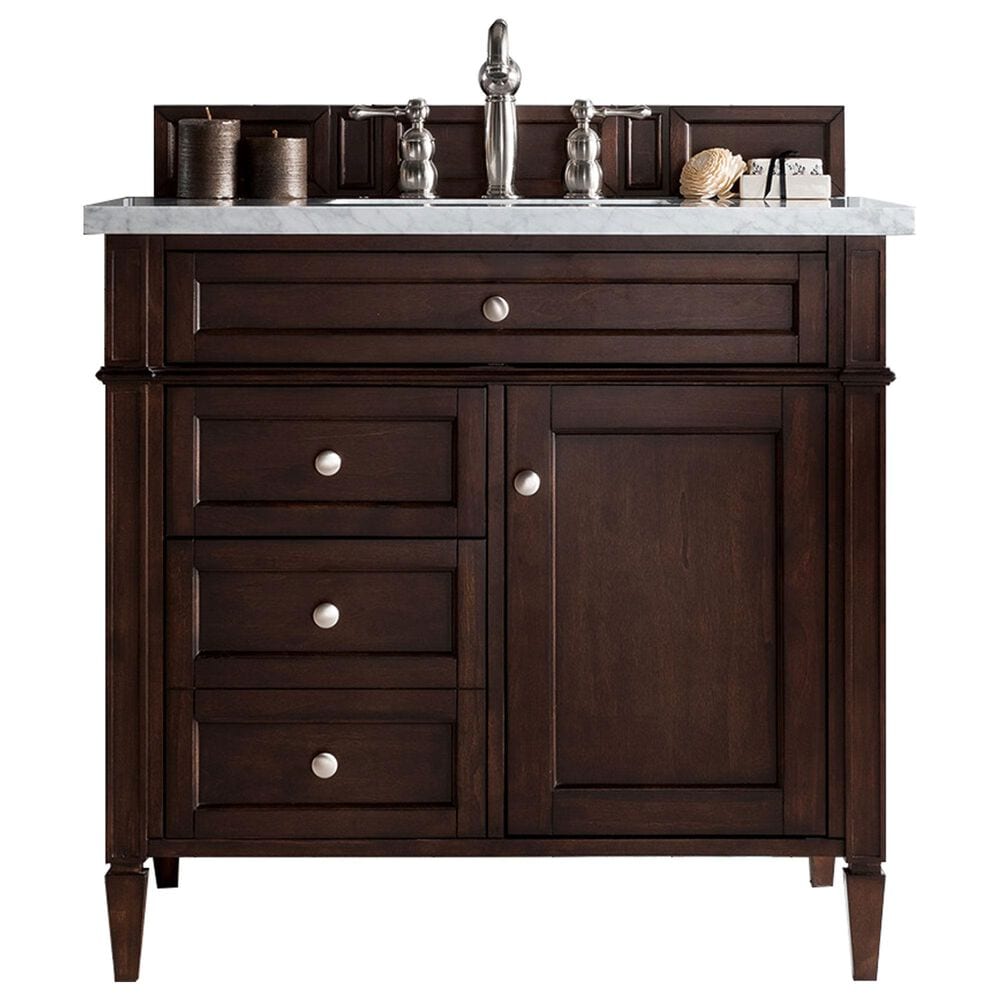 James Martin Vanities Brittany 36" Single Bathroom Vanity in Burnished Mahogany with 3 cm Carrara White Marble Top and Rectangle Sink, , large
