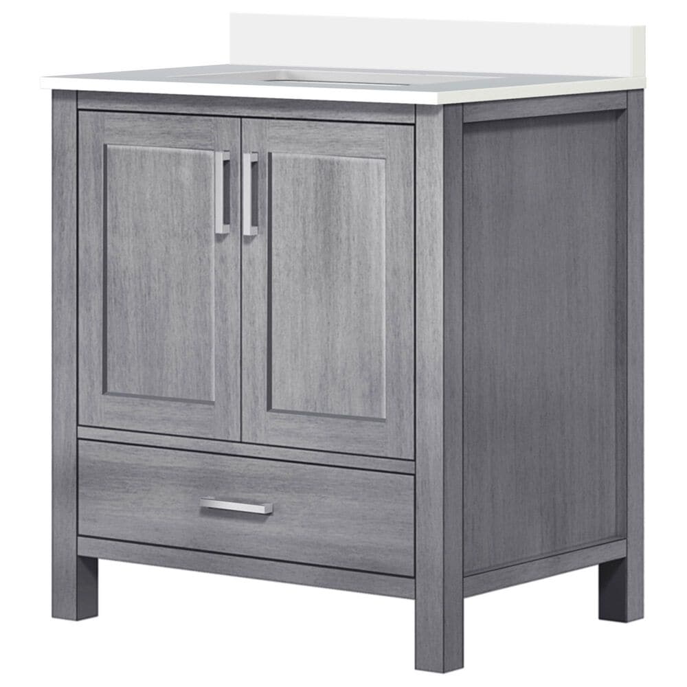 Lexora Home Jacques 30" Single Bathroom Vanity in Distressed Grey with 2 cm White Cultured Marble Top and Rectangular Sink, , large