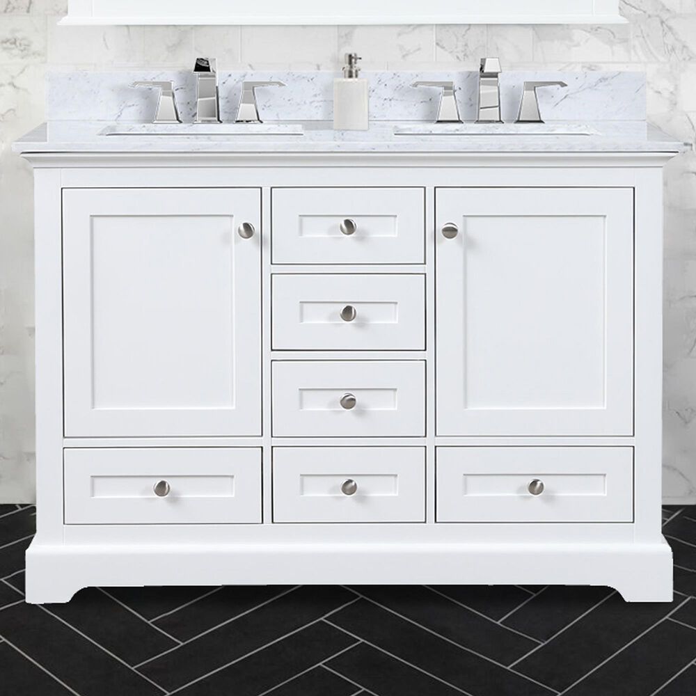 Lexora Home Dukes 48&quot; Double Bathroom Vanity in White with 2 cm White Carrara Marble Top and Rectangular Sinks, , large