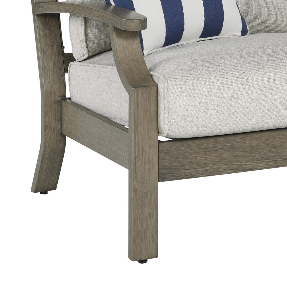 Ashley Rainier Ranch Outdoor Loveseat with Beige Cushion in Brown, , large