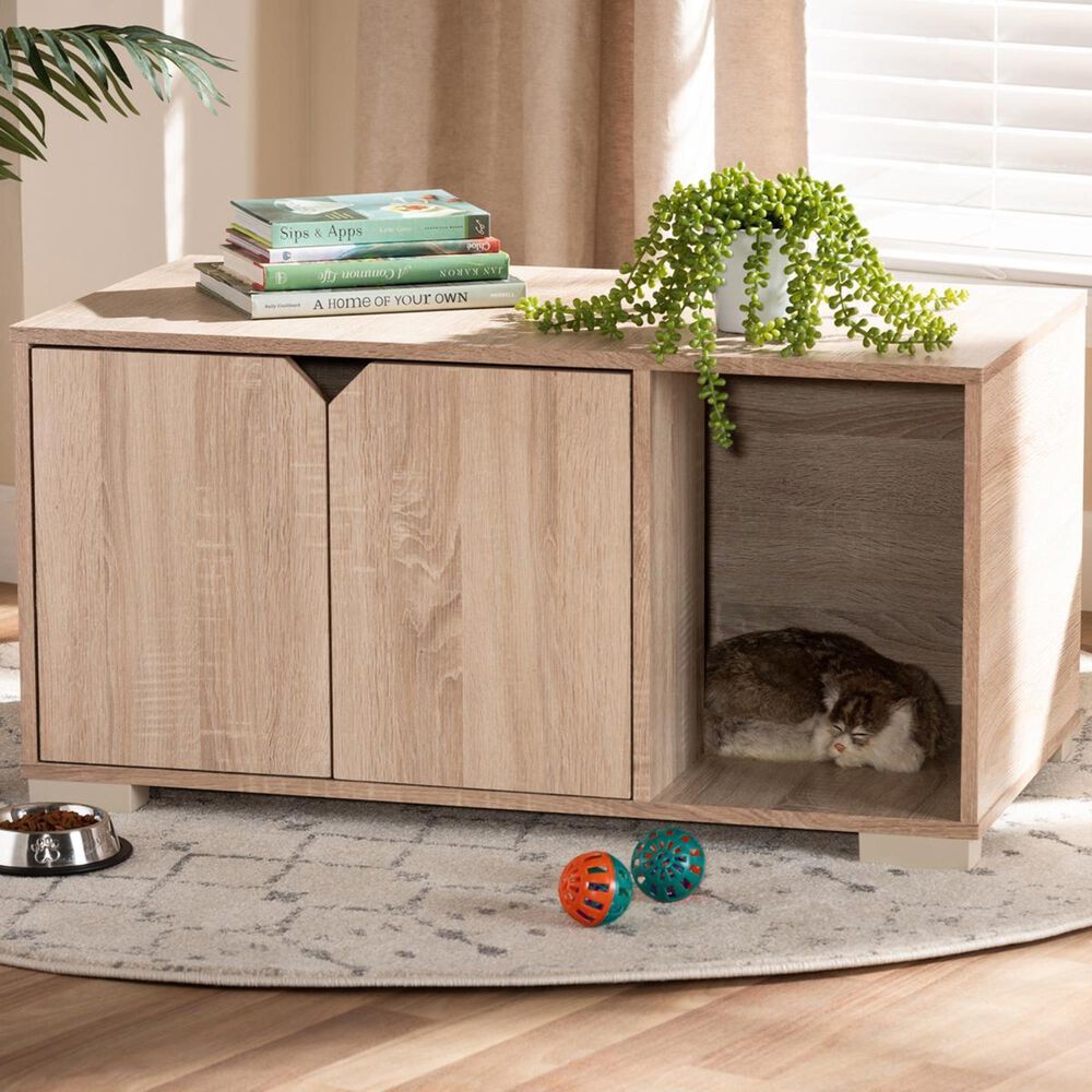 Baxton Studio Jasper 2-Door Litter Box Cover House in Oak, , large
