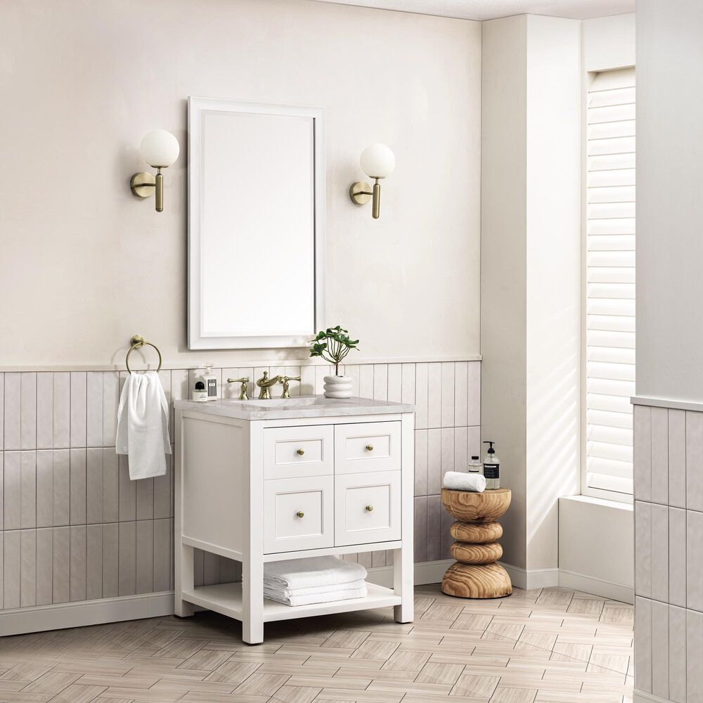 James Martin Vanities Breckenridge 30&quot; Single Bathroom Vanity in Bright White with 3 cm Victorian Silver Quartz Top and Rectangular Sink, , large