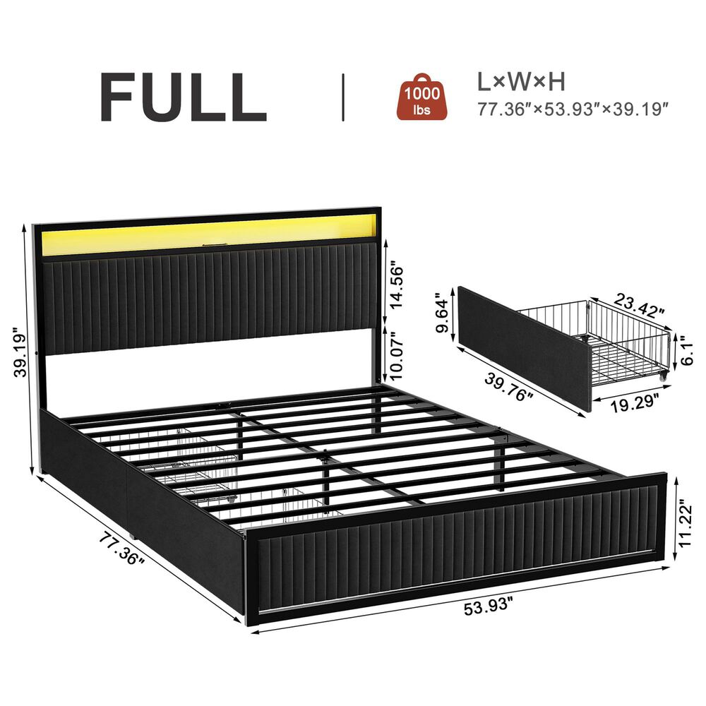 HOMLUX Full Upholstered Platform Storage Bed Frame in Black, , large