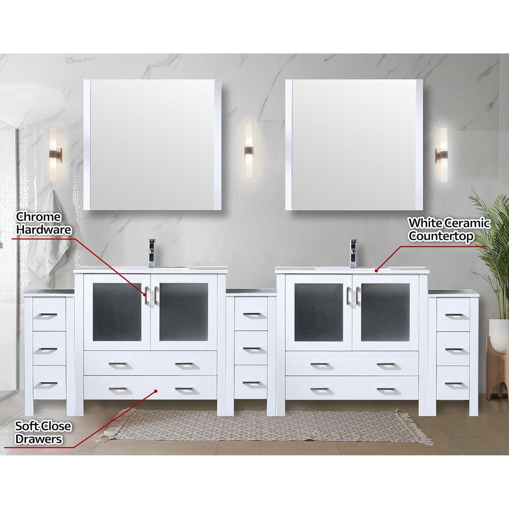 Lexora Home Volez 108" Double Bathroom Vanity in Navy Blue with 2 cm White Ceramic Top, Rectangular Sinks and Side Cabinets, , large