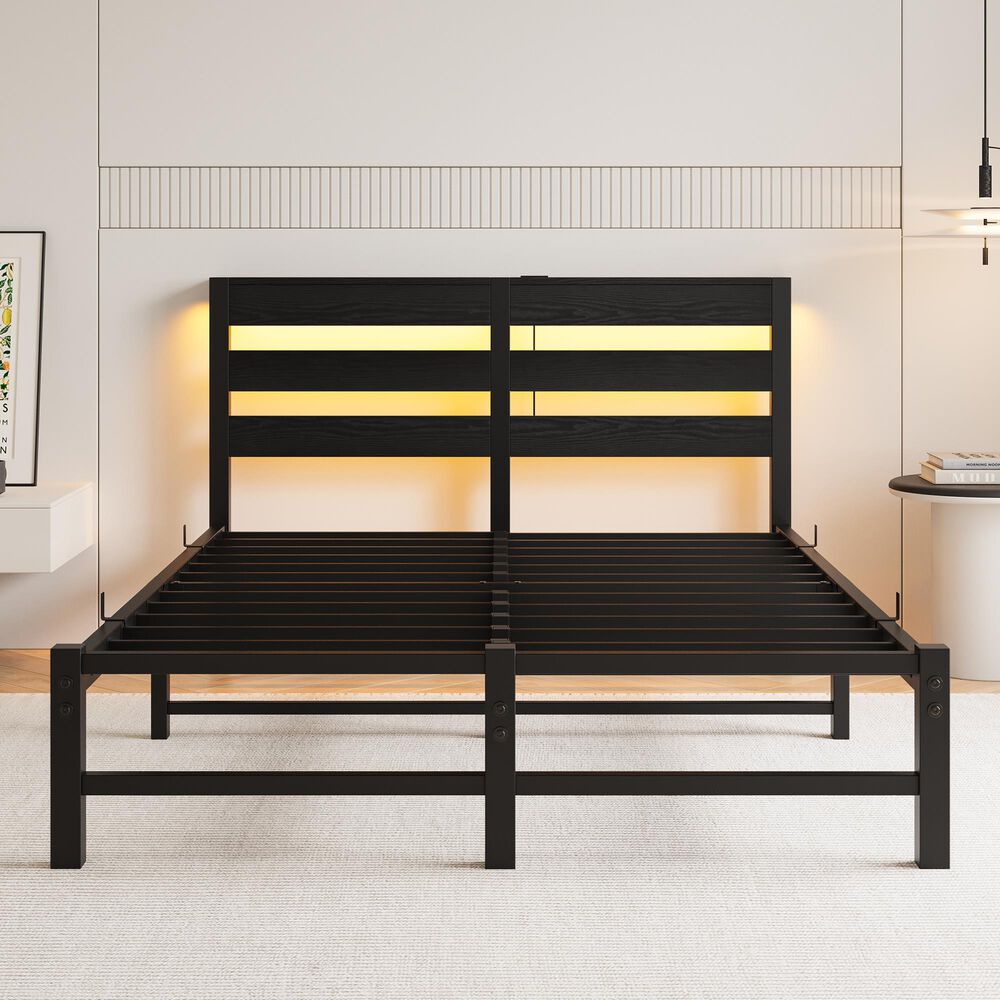 Hearth and Haven Full Metal Bed with RGB Lights and Storage Shelf in Black, , large