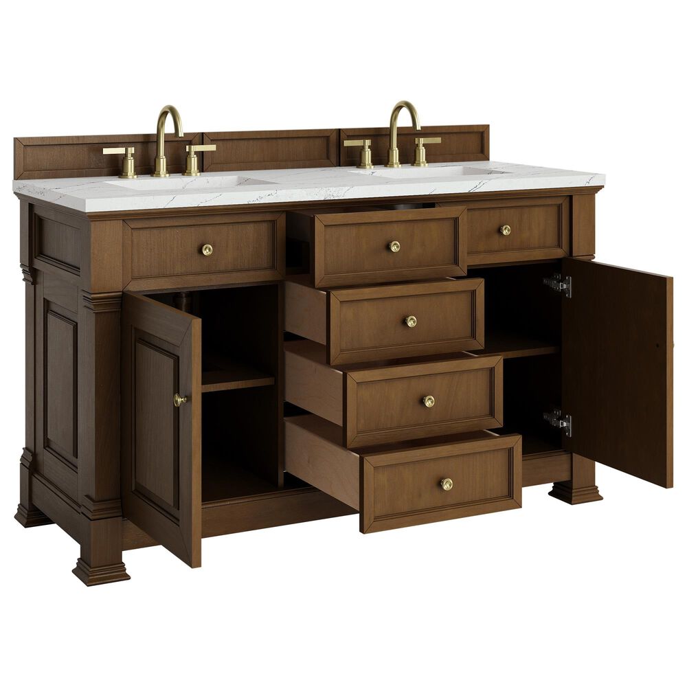 James Martin Vanities Brookfield 60&quot; Double Bathroom Vanity in Honey Oak with 3 cm Ethereal Noctis Quartz Top and Rectangular Sinks, , large