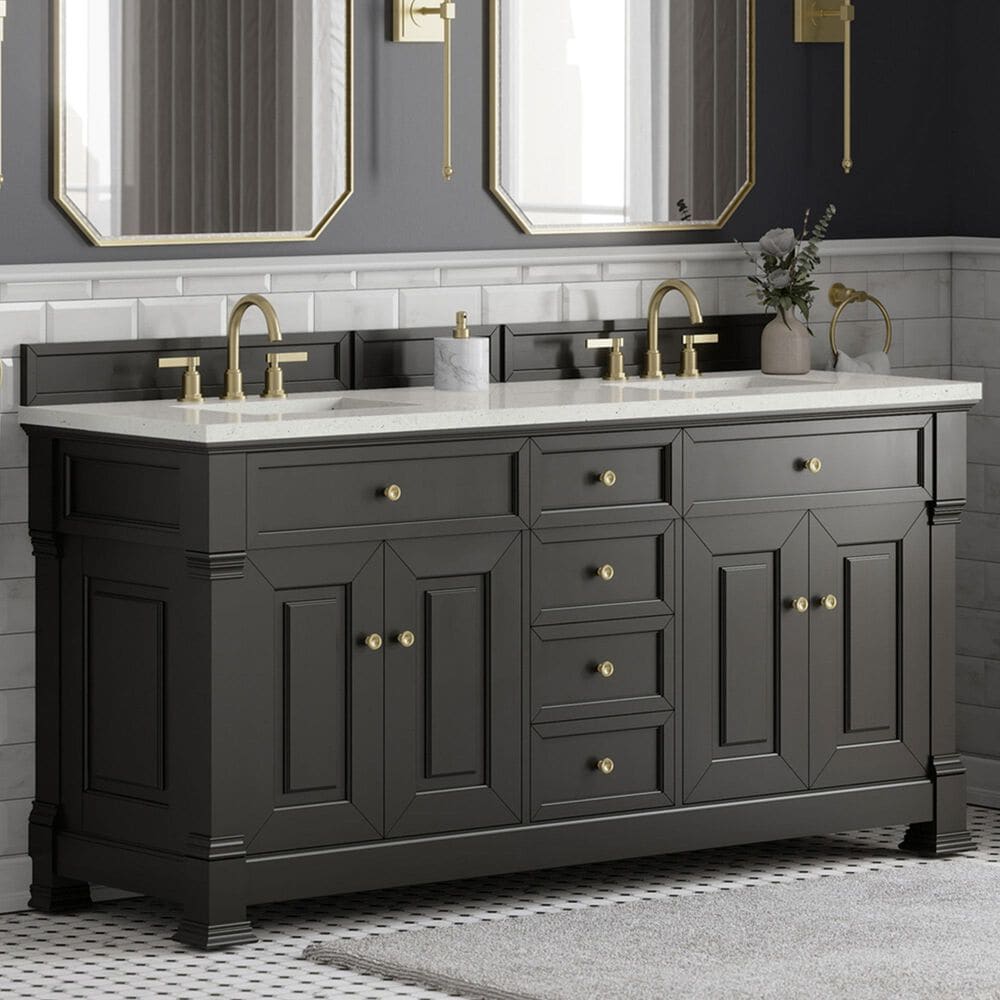 James Martin Vanities Brookfield 72&quot; Double Bathroom Vanity in Black Onyx with 3cm Lime Delight Quartz Top and Rectangular Sinks, , large