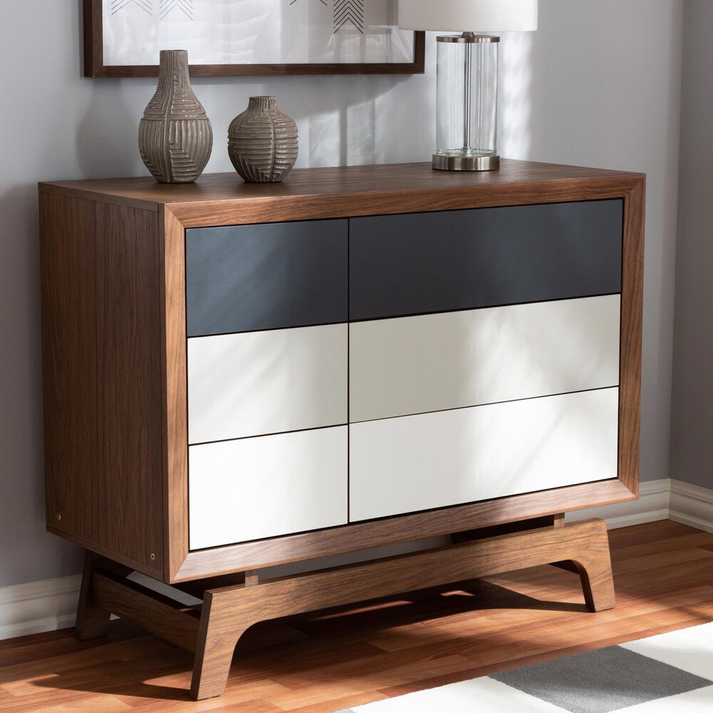 Baxton Studio Svante 6-Drawer Dresser in Walnut Brown, Dark Grey, Light Grey and White, , large