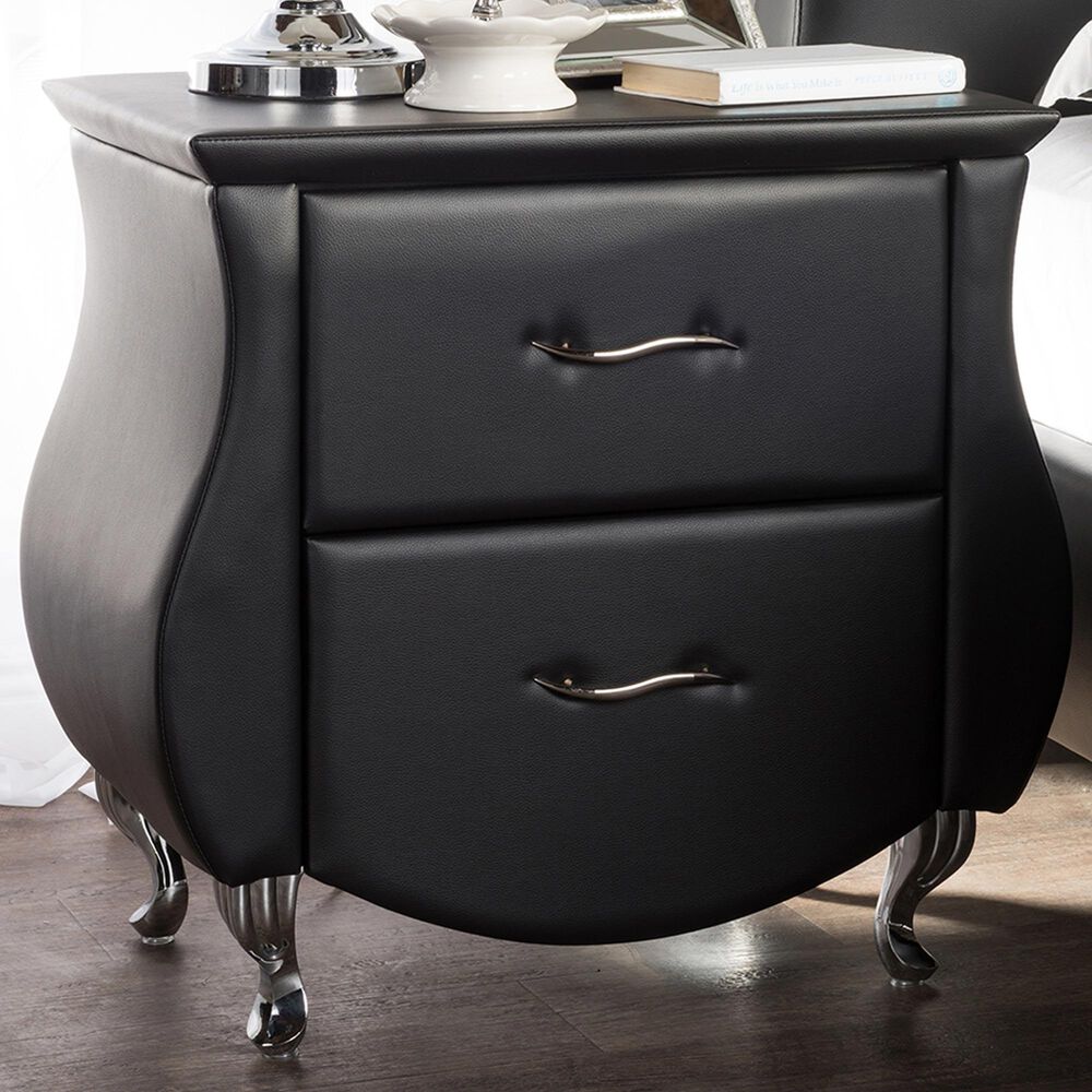 Baxton Studio Erin 2-Drawer Nightstand with Black Faux Leather Upholstery in Chrome, , large