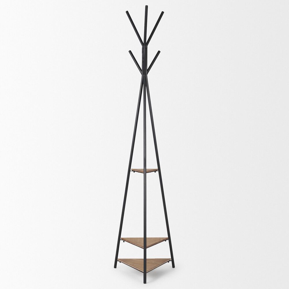 Mercana Everett Coat Rack with 2 Triangular Wooden Shelves in Matte Black, , large