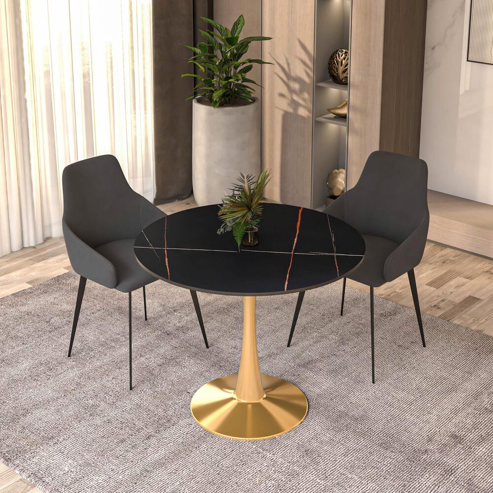Leisuremod Leisuremod Bristol 31 round dining table Gold base with Black Sintered stone Top, , large
