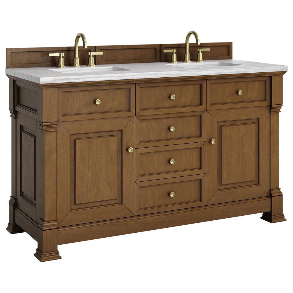 James Martin Vanities Brookfield 60&quot; Double Bathroom Vanity in Honey Oak with 3 cm Arctic Fall Solid Surface Top and Rectangular Sinks, , large