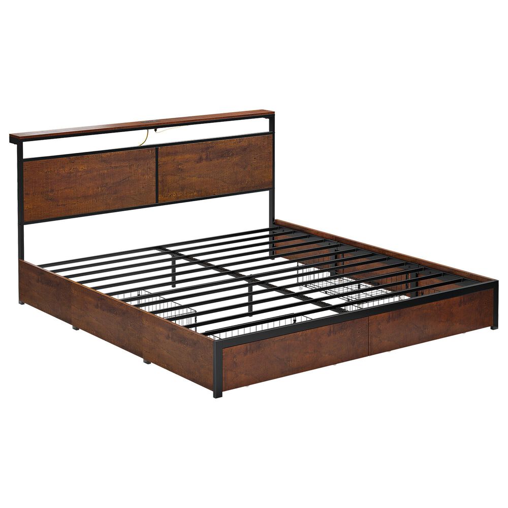 HOMLUX King 4-Drawer Storage Bed with LED Headboard and Charging Station in Rustic Brown, , large