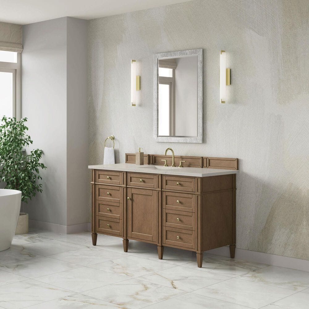 James Martin Brittany 60" Single Bathroom Vanity in Pecan with 3 cm Siberian Silestone Top, Rectangular Sink and FreePower Wireless Charger, , large