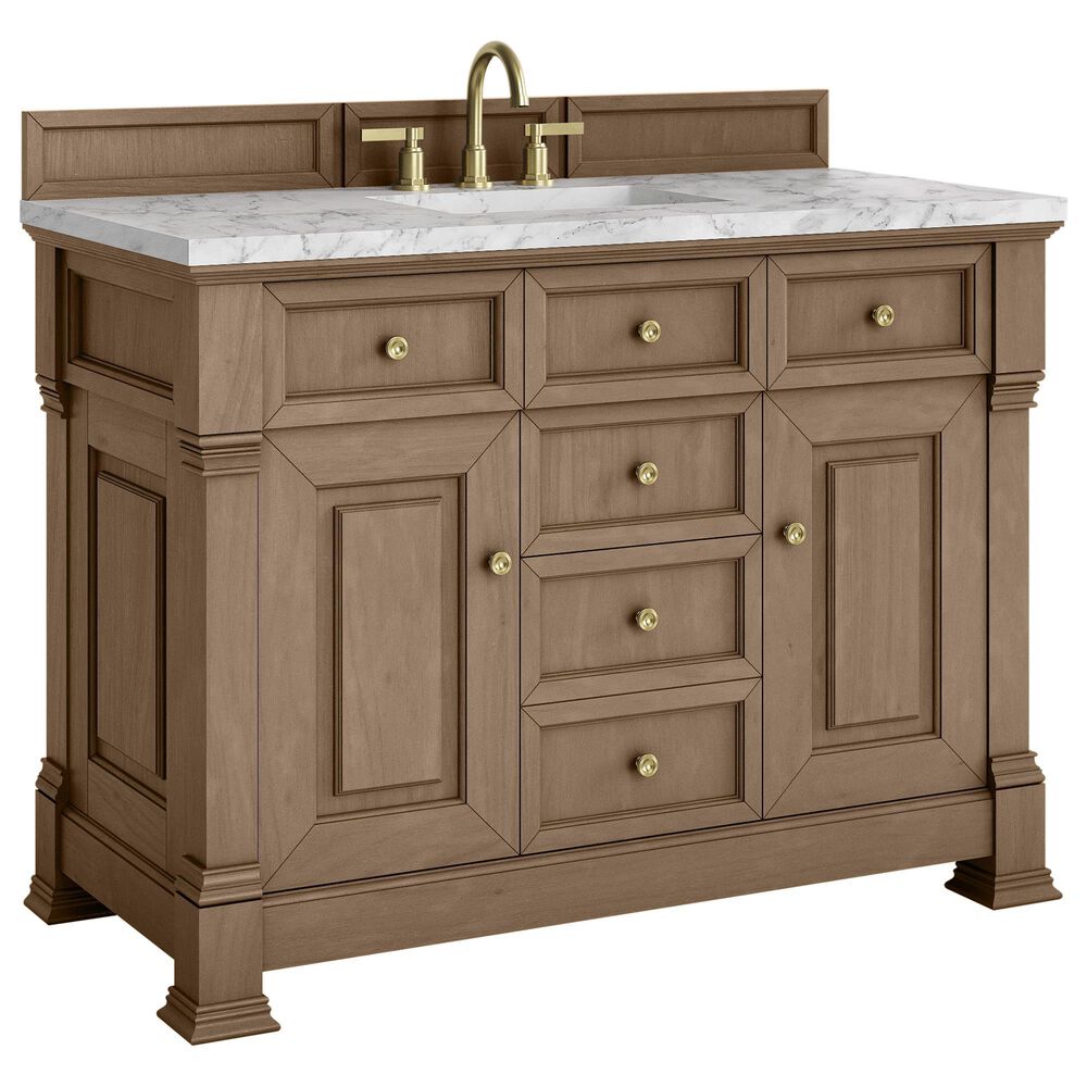 James Martin Vanities Brookfield 48" Single Bathroom Vanity in Pecan with 3 cm Carrara White Marble Top and Rectangular Sink, , large