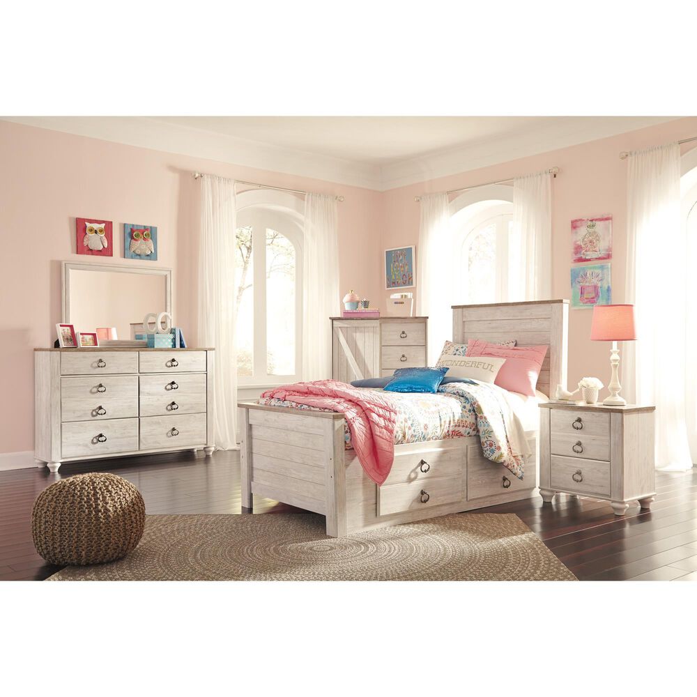 Ashley Willowton Twin Panel Bed with 2 Storage Drawers in Whitewash, , large