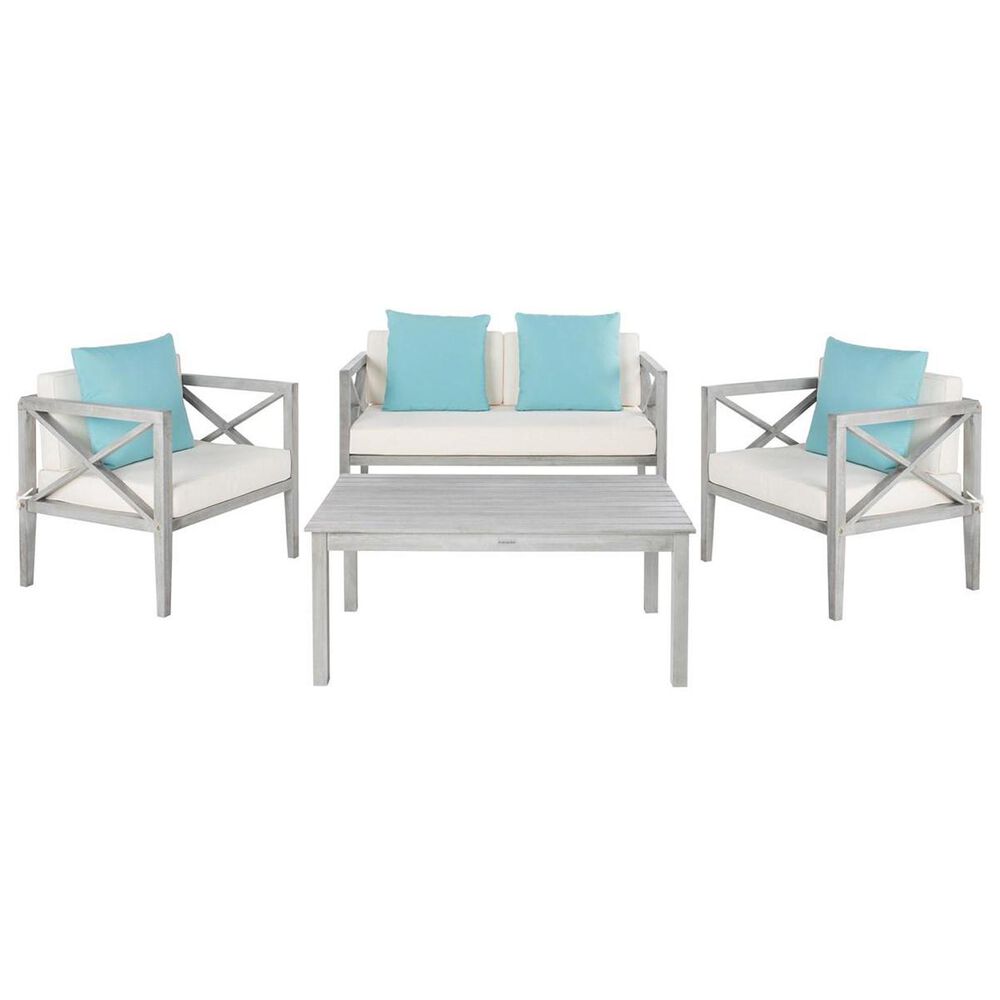 Safavieh Nunzio 4-Piece Outdoor Chat Set in Grey Wash, White, and Light Blue, , large