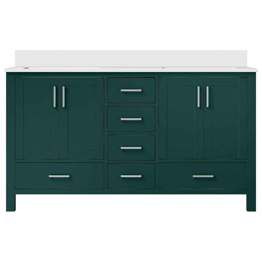Lexora Home Jacques 60&quot; Double Bathroom Vanity in Green with 2 cm White Cultured Marble Top and Rectangular Sinks, , large