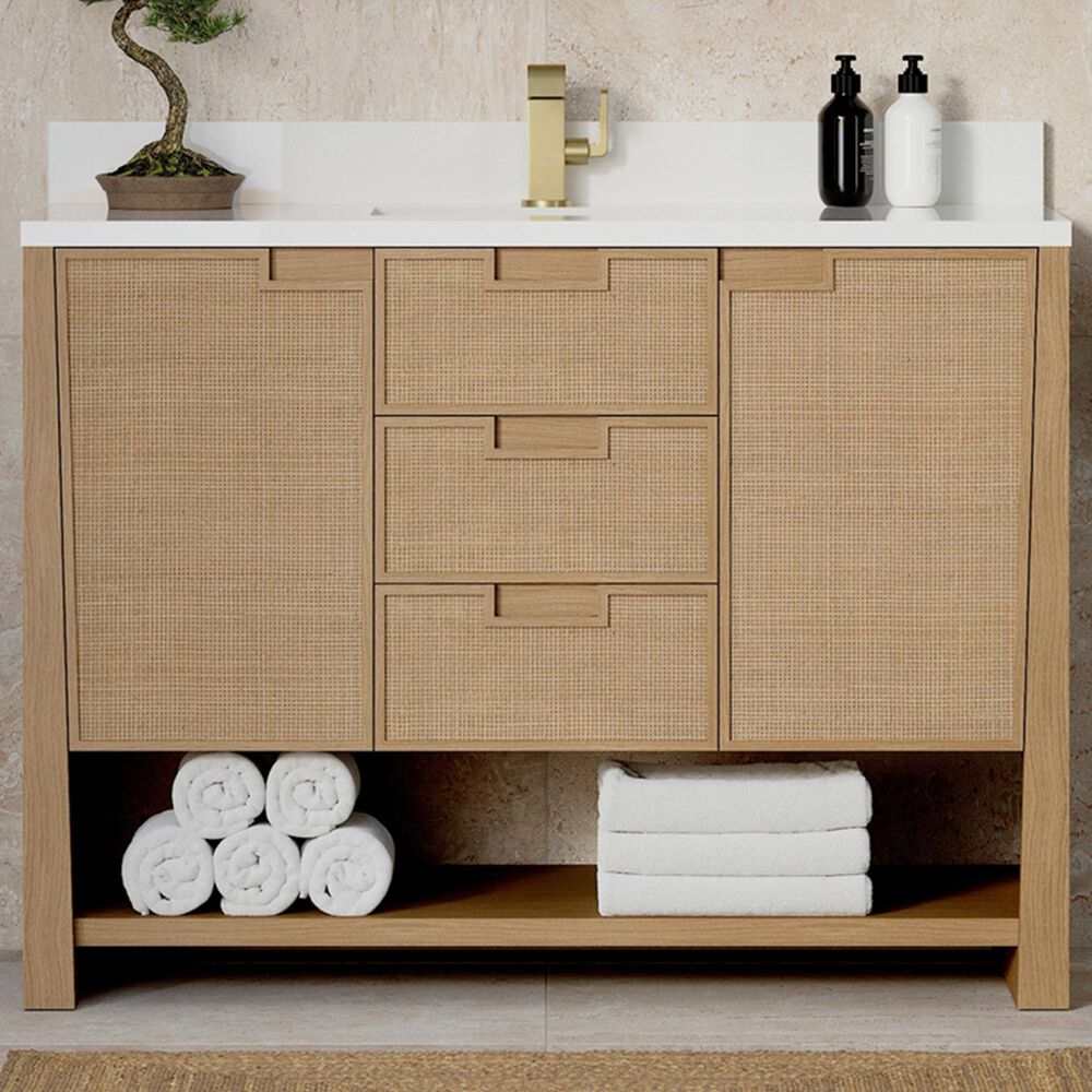 James Martin Vanities Solene 48" Single Bathroom Vanity in Seaside Oak with Single Hole 3 cm White Zeus Quartz Top and Rectangular Sink, , large