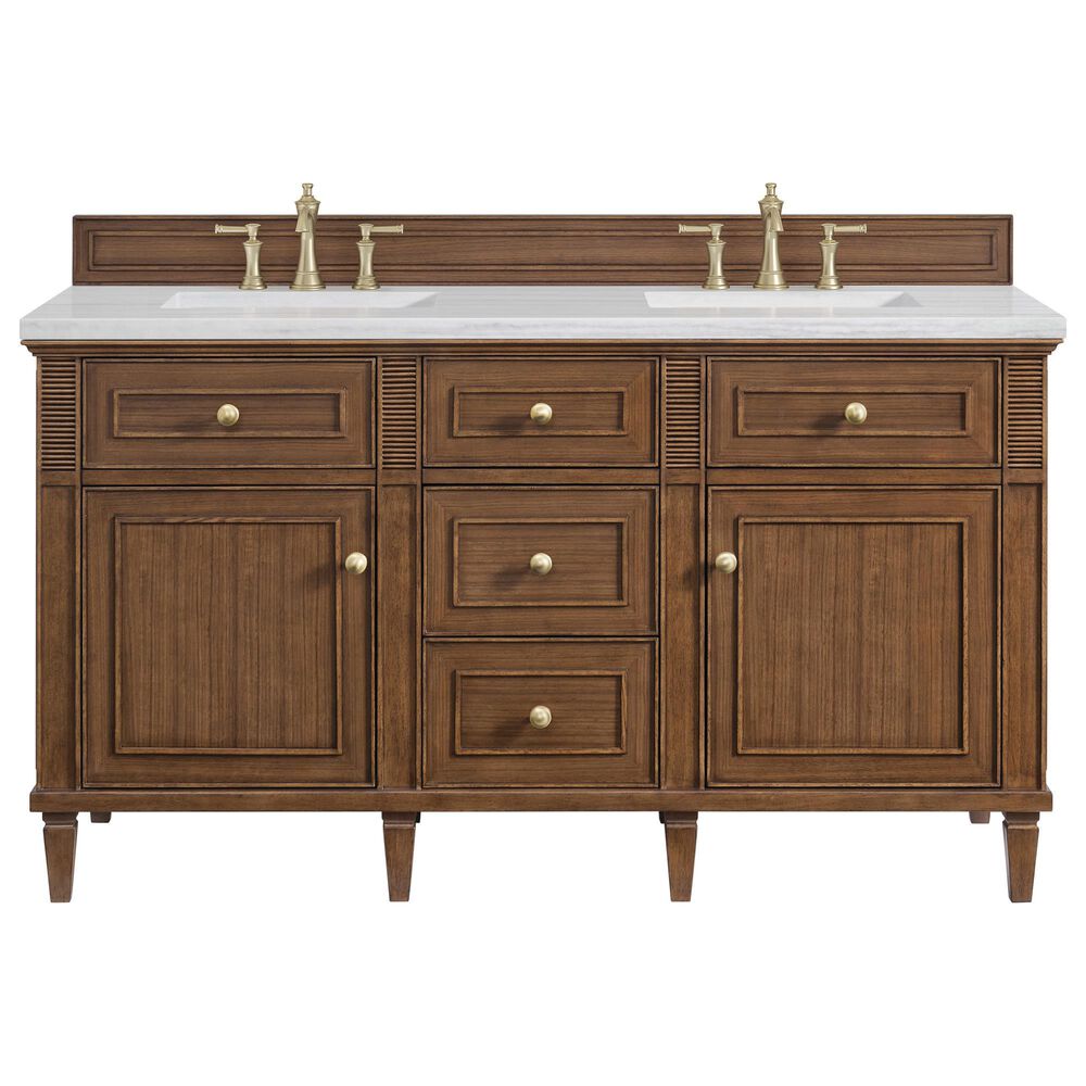 James Martin Vanities Lorelai 60&quot; Double Vanity in Mid-Century Walnut with 3 cm Arctic Fall Solid Surface Top, , large