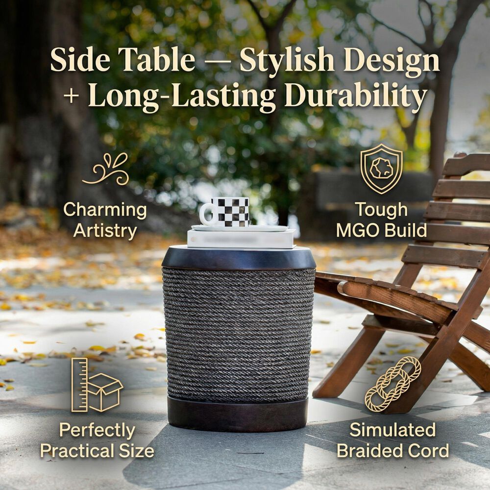 Hearth and Haven Outdoor Side Table with Braided Cord Design and Vintage Trim in Dark Brown, , large
