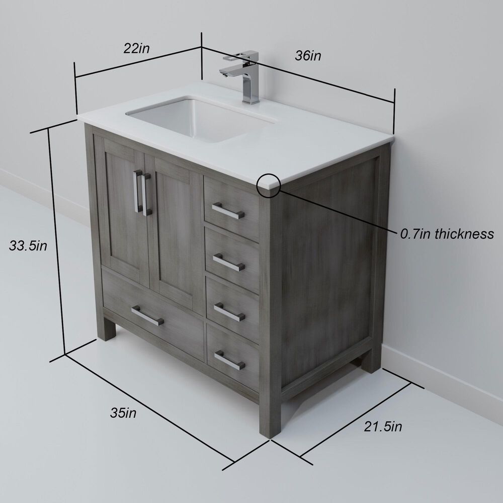 Lexora Home Jacques 36" Left Offset Single Bathroom Vanity in Distressed Grey with 2 cm White Quartz Top and Rectangular Sink, , large