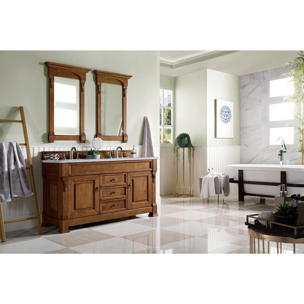 James Martin Vanities Brookfield 60&quot; Double Bathroom Vanity in Country Oak with 3 cm Carrara White Marble Top and Rectangle Sink, , large