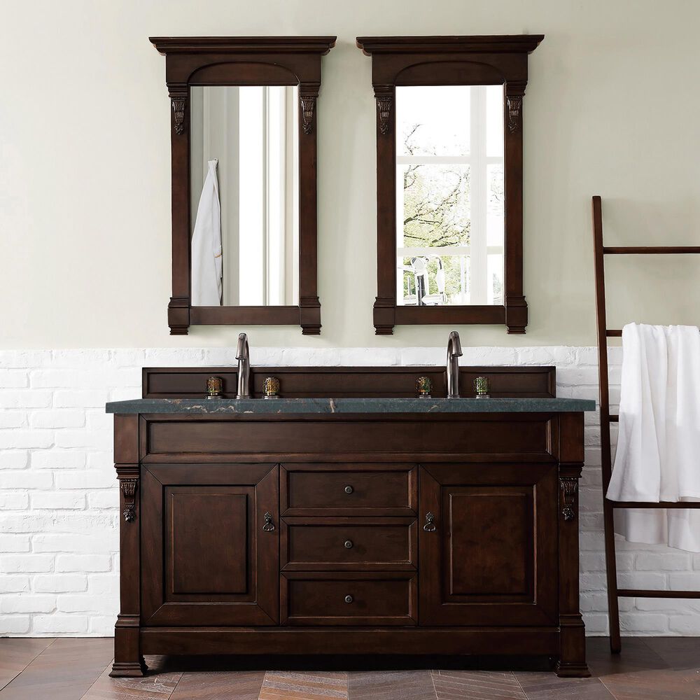James Martin Vanities Brookfield 60&quot; Double Bathroom Vanity in Burnished Mahogany with Single Hole 3 cm White Zeus Quartz Top and Rectangular Sinks, , large