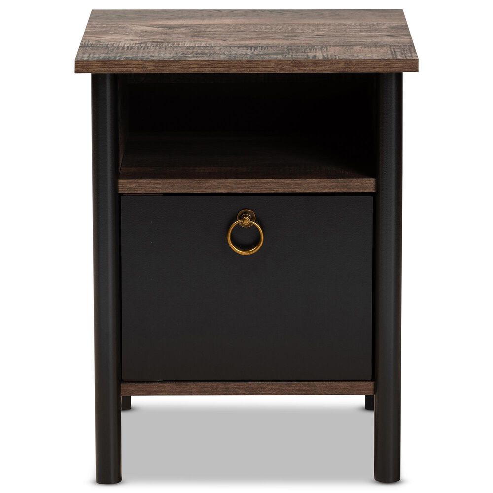 Baxton Studio Vaughan 1-Door Nightstand in Dark Brown, Rustic Brown and Black, , large